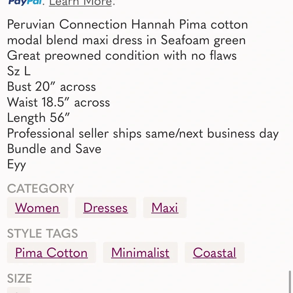 Peruvian Connection Hannah Maxi dress L sea foam green  cap sleeve semi fitted - Picture 8 of 10